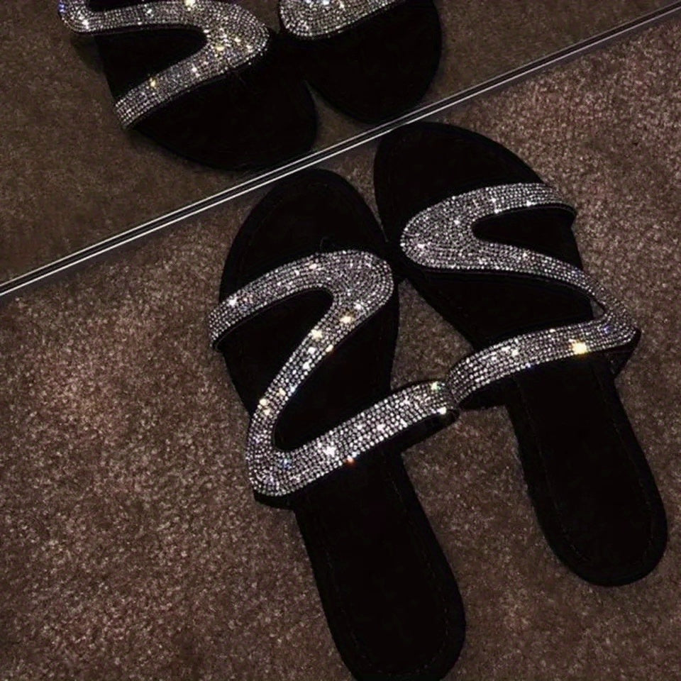 Black Rhinestone Embellished Slides