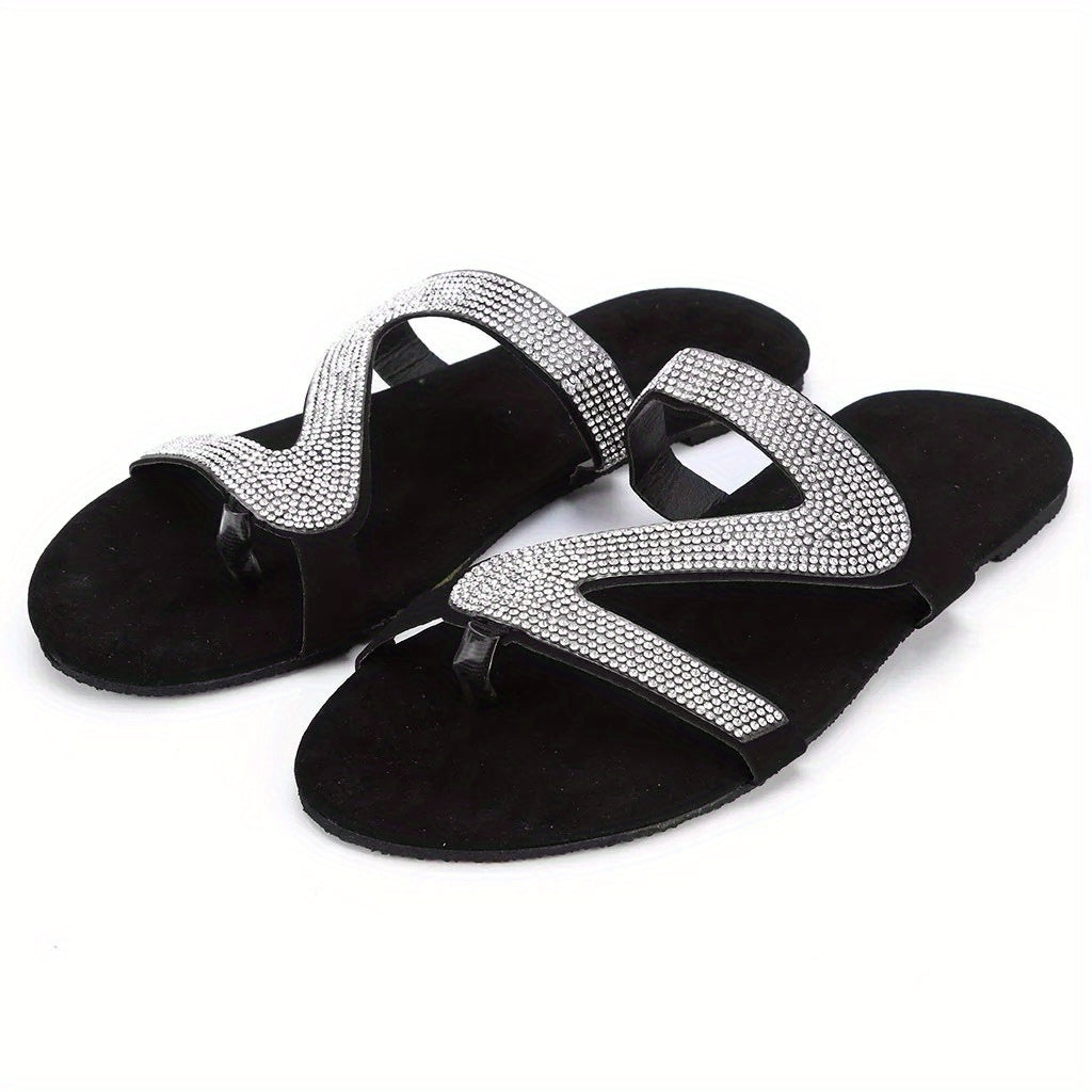 Black Rhinestone Embellished Slides