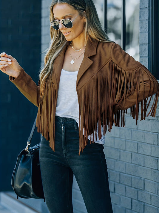 Cropped Fringe Suede Jacket Brown