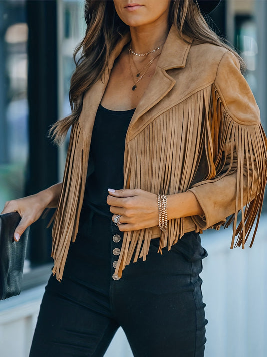 Cropped Fringe Suede Jacket Oatmeal