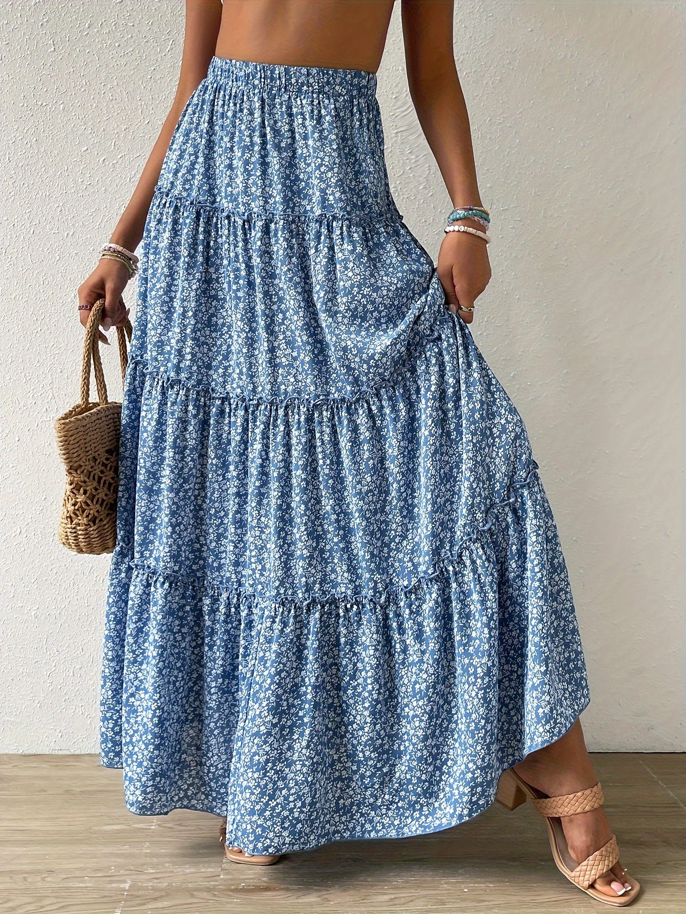 Floral Print High Waist Ruffle Maxi Skirt