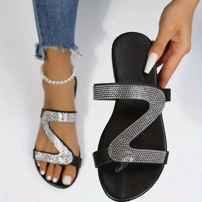 Black Rhinestone Embellished Slides