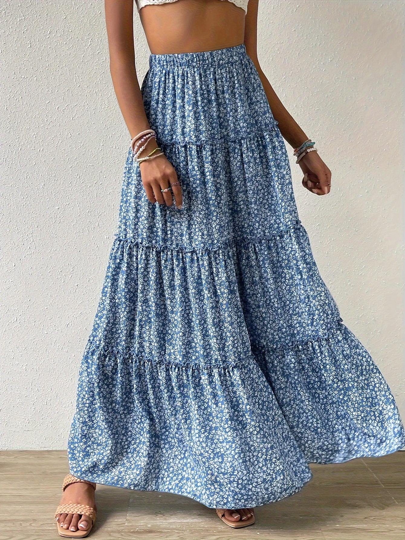 Floral Print High Waist Ruffle Maxi Skirt