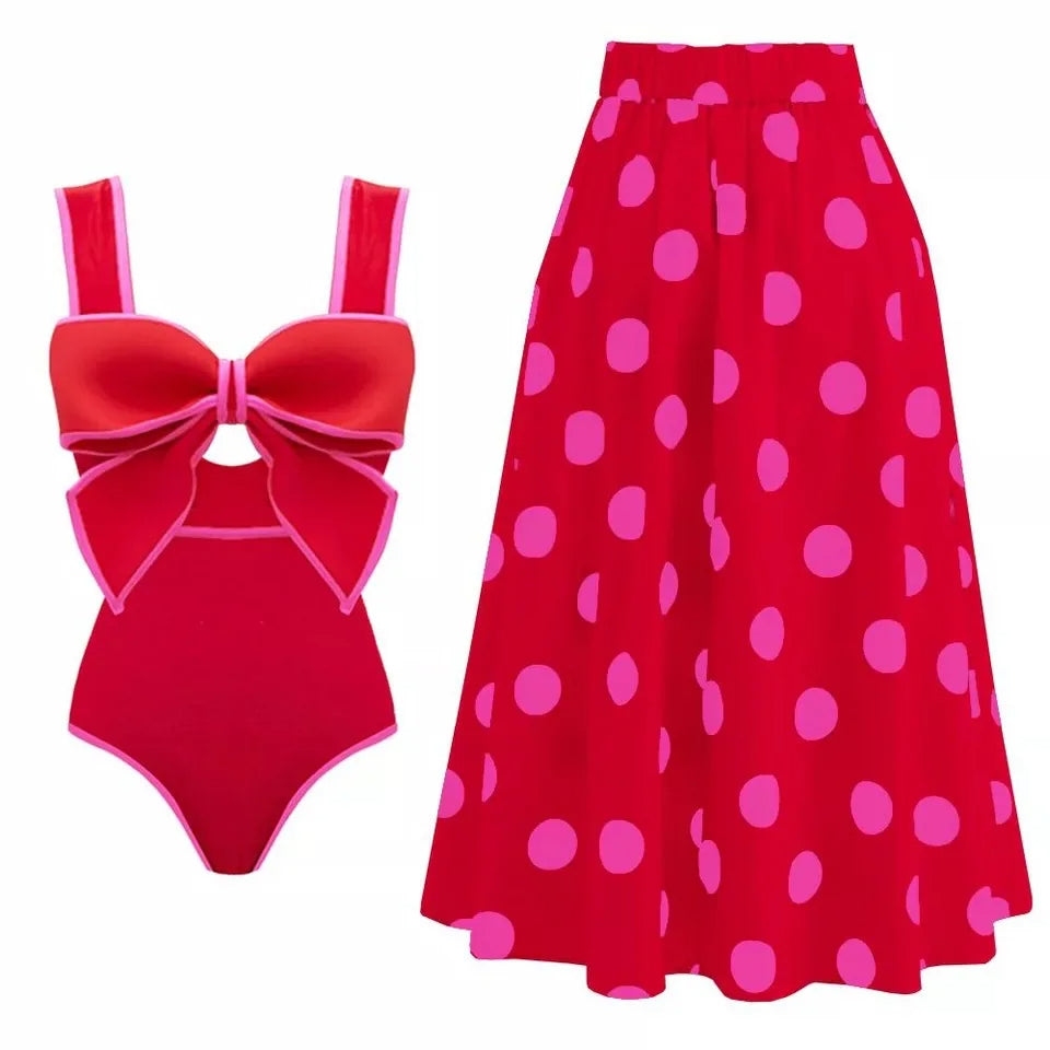 Bow Tie One-Piece Swimsuit with Skirt