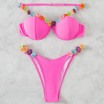 Flower Strap Pink Bikinis Set