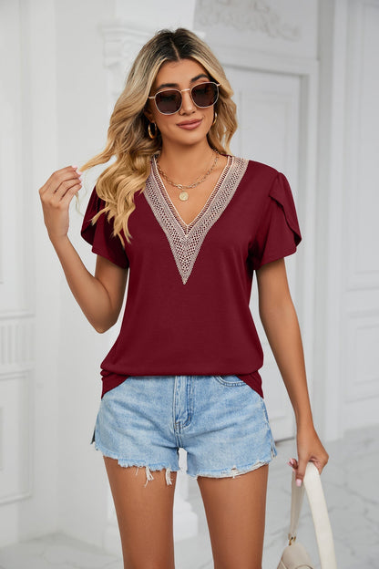 V-neck crochet trim top