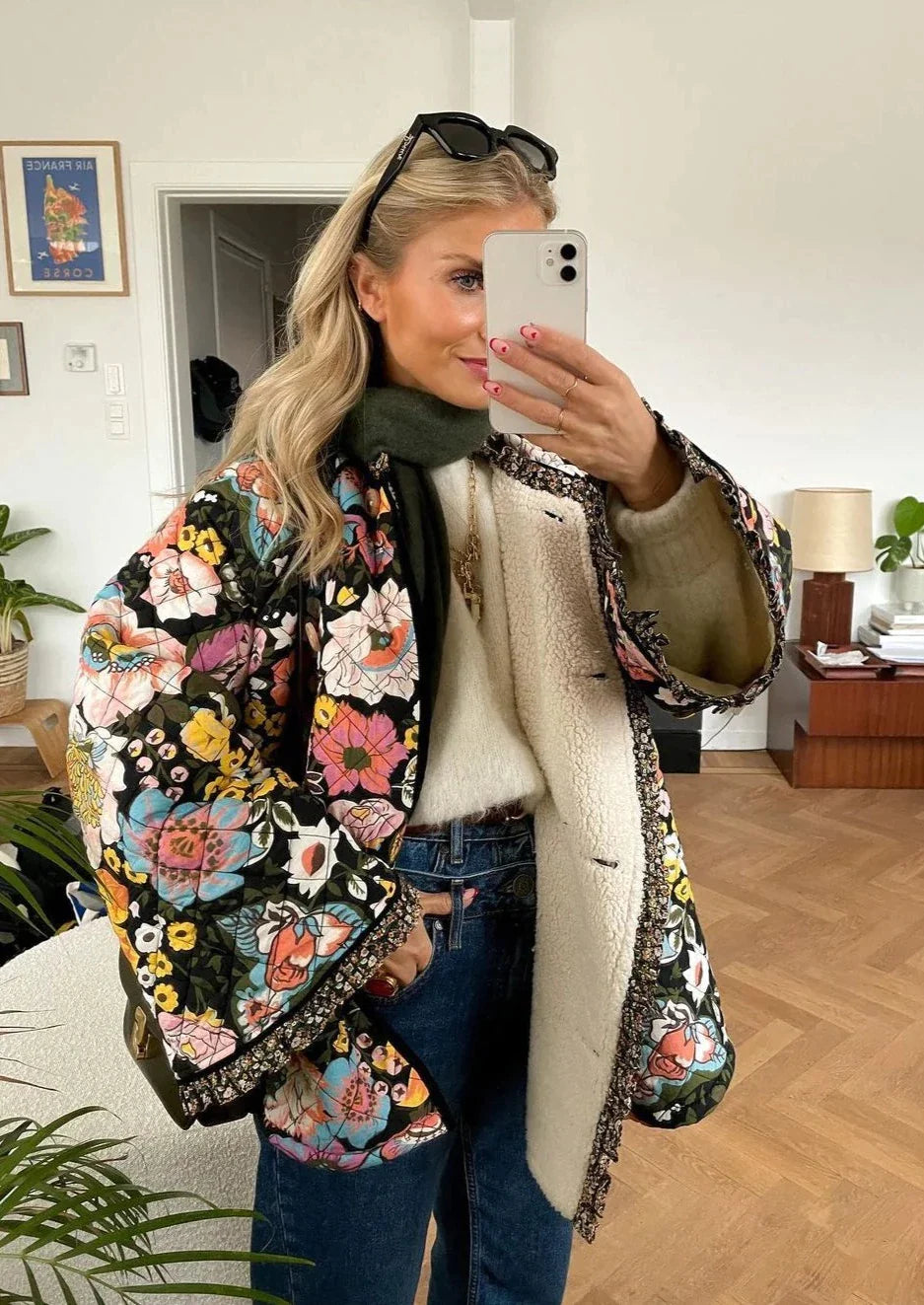 Floral print fleece lined Quilted jacket