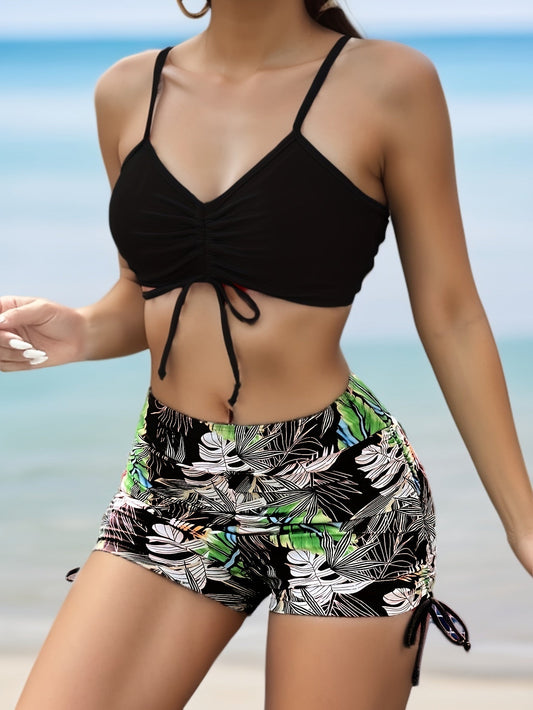 Tropical Leaf Print V Neck Bikini Sets