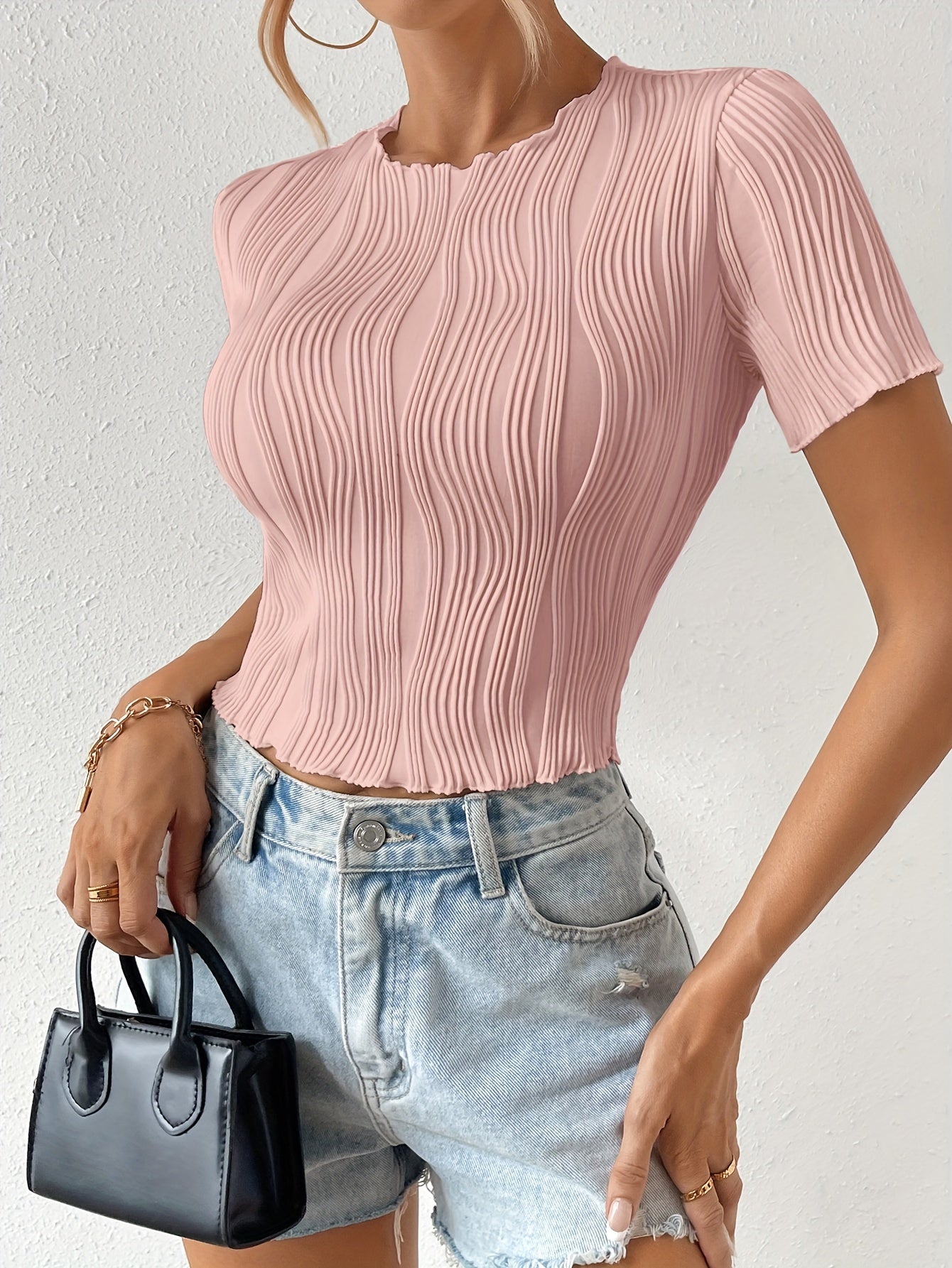 Textured Crew Neck Short Sleeve Top