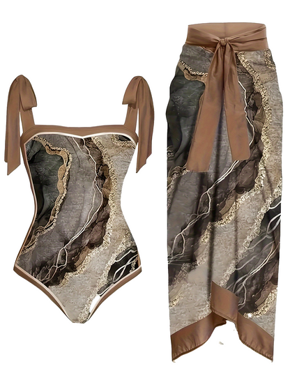 Brown Marble Print Swimsuit & Cover-Up