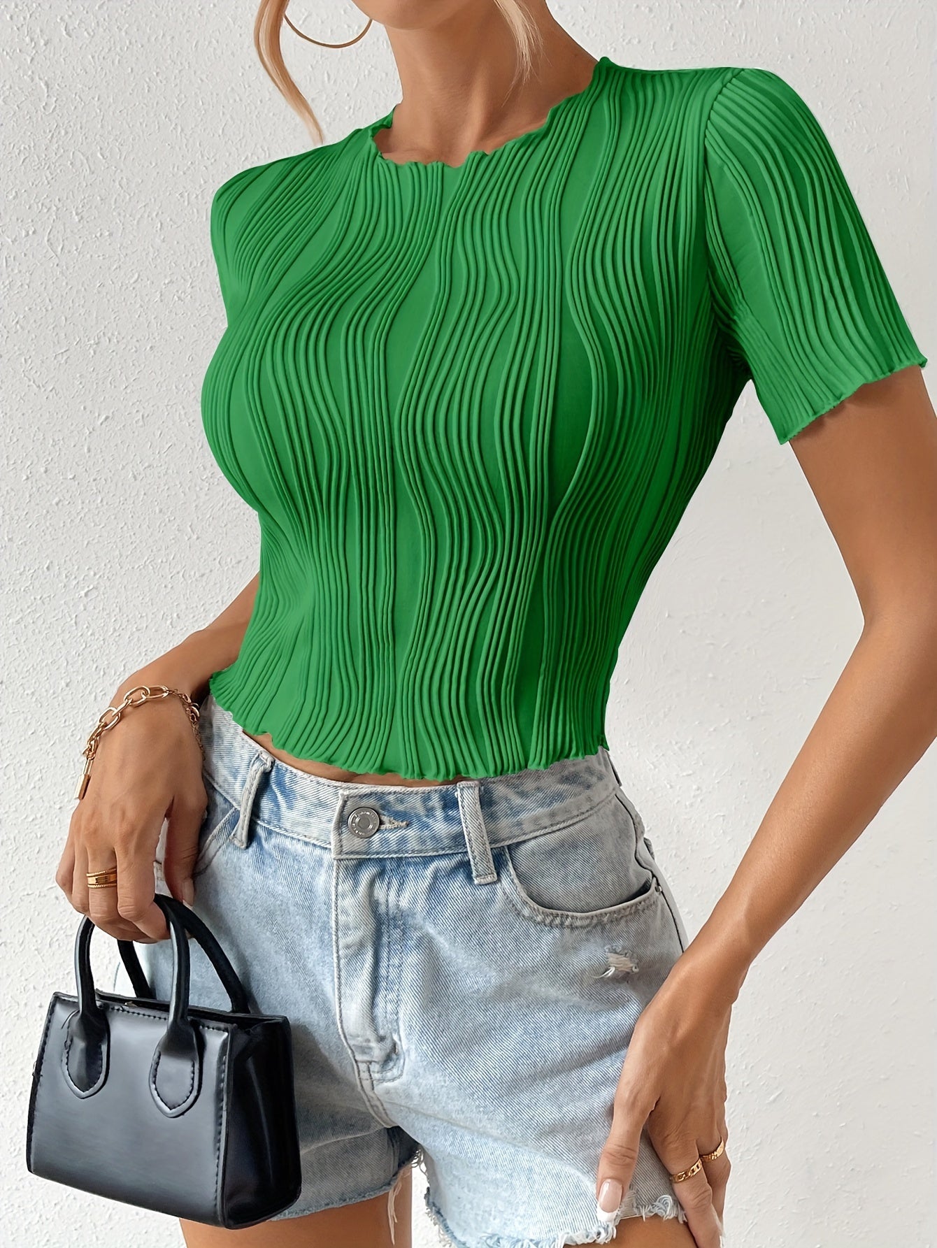 Textured Crew Neck Short Sleeve Top